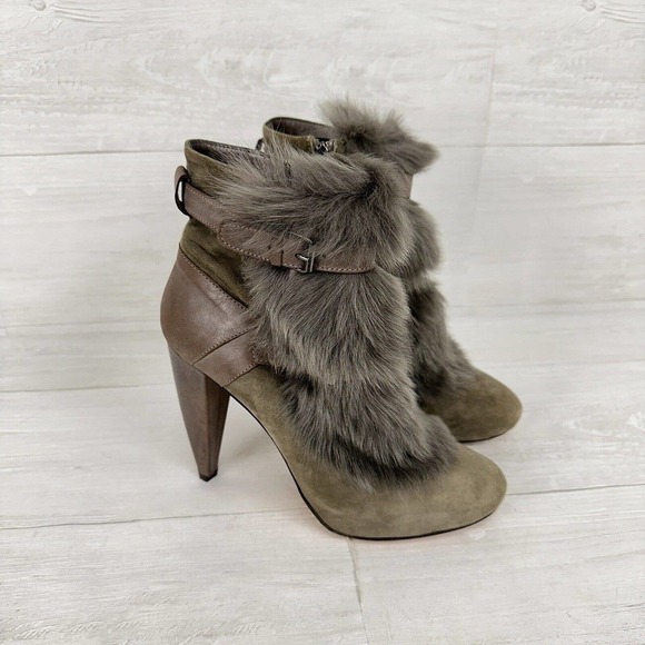 Rebecca Taylor Dalia Pump Faux Fur Ankle Boots Women Size 8.5 M High Heels Taupe - Picture 1 of 13